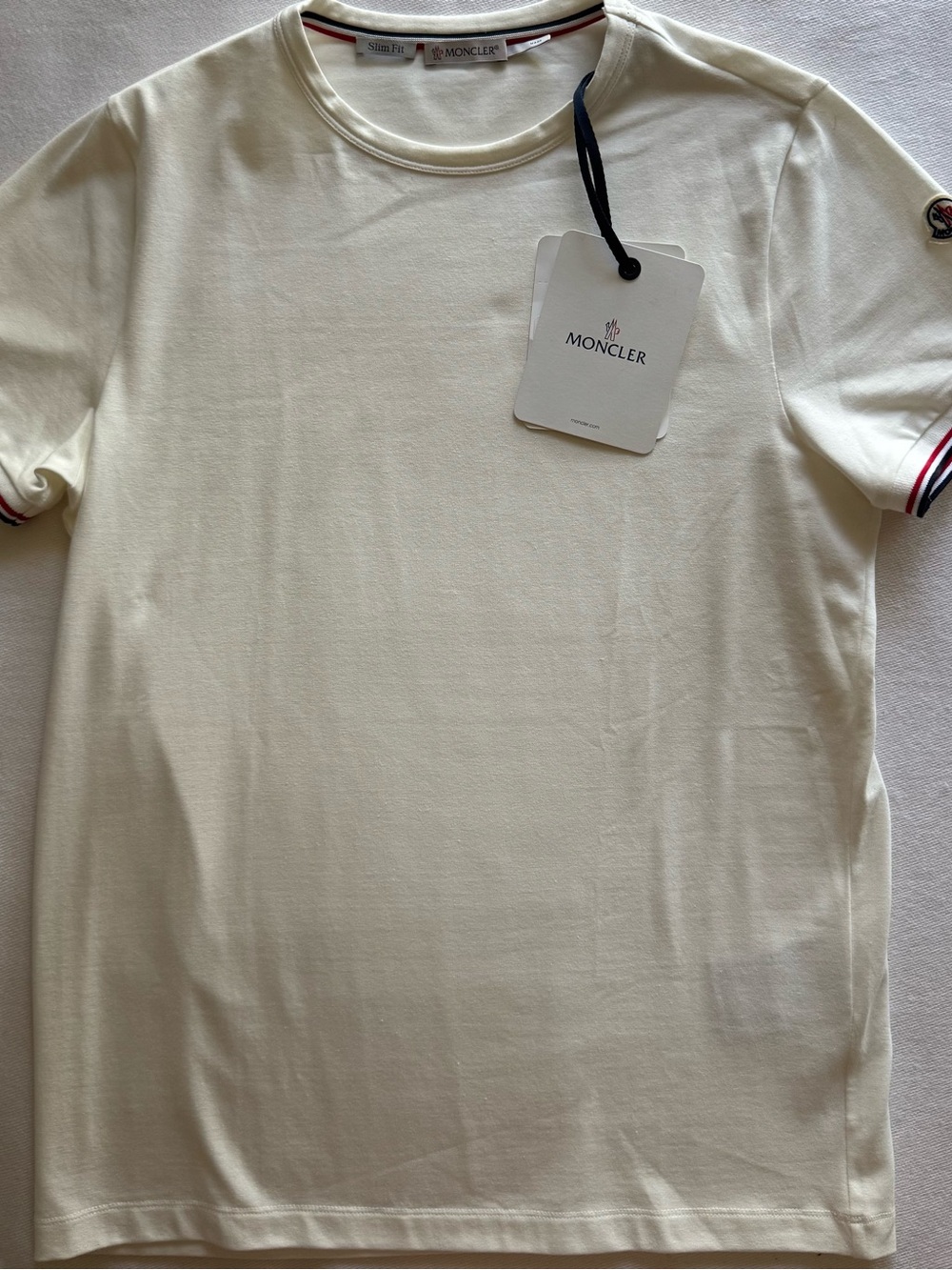 MONCLER Cream-White Short-Sleeve Crewneck Tee w/Tricolor Trim &Logo,size“S“NWT
